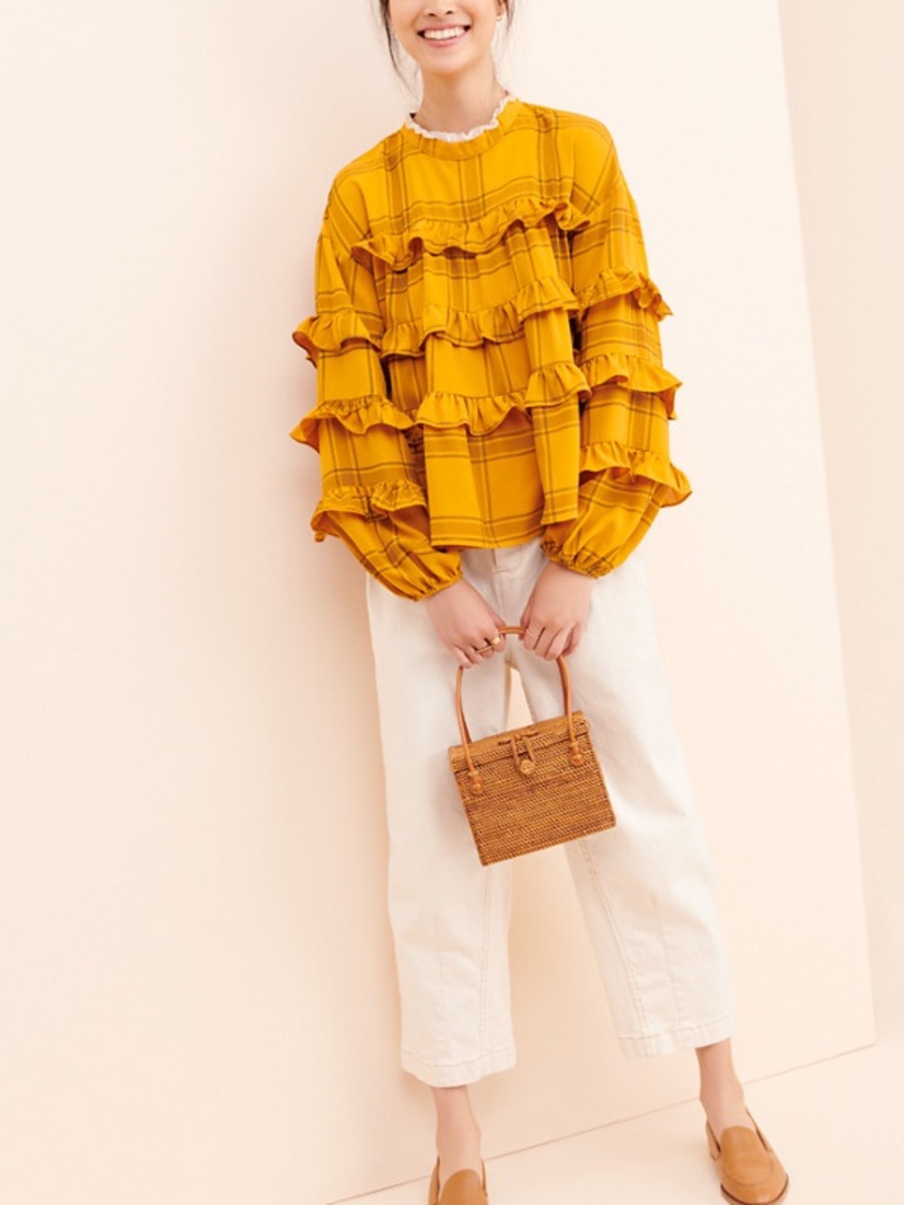 English Factory Mustard Plaid Ruffle Tiered Blouse
